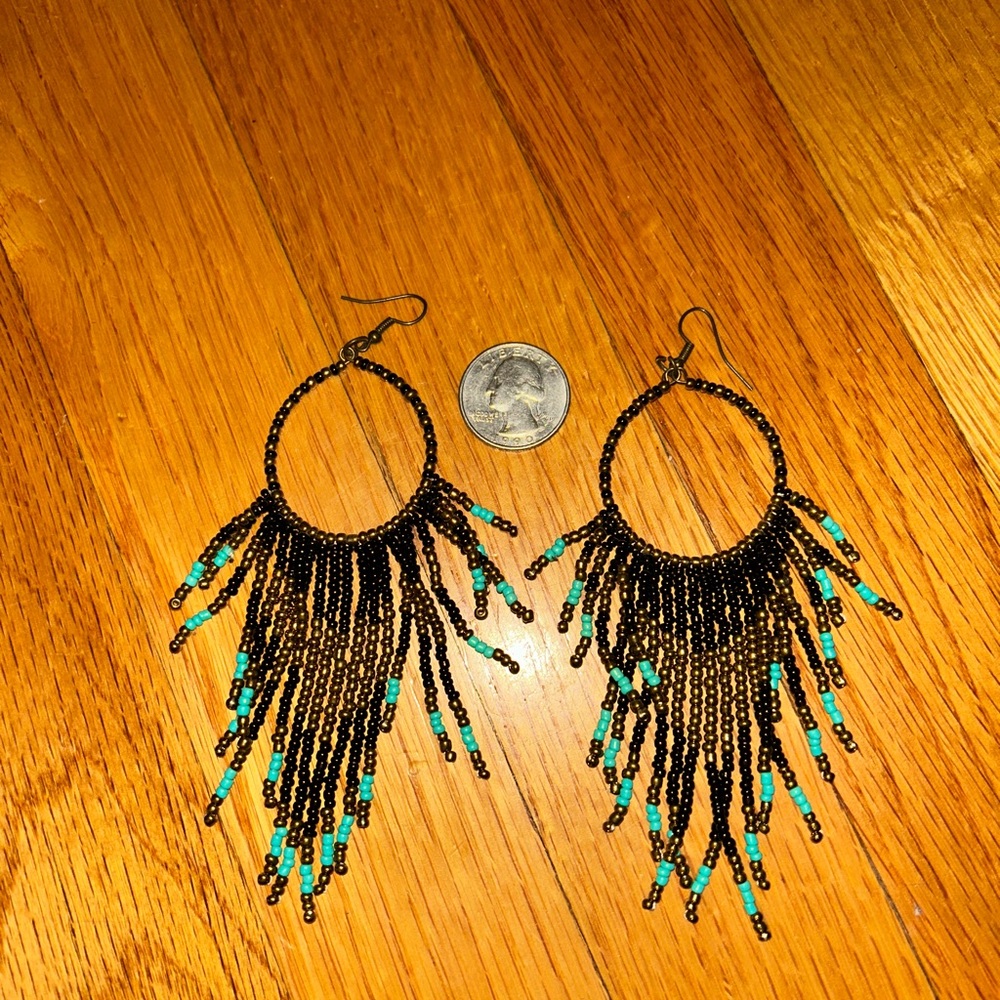 Beaded Hoop Earrings with Fringe
